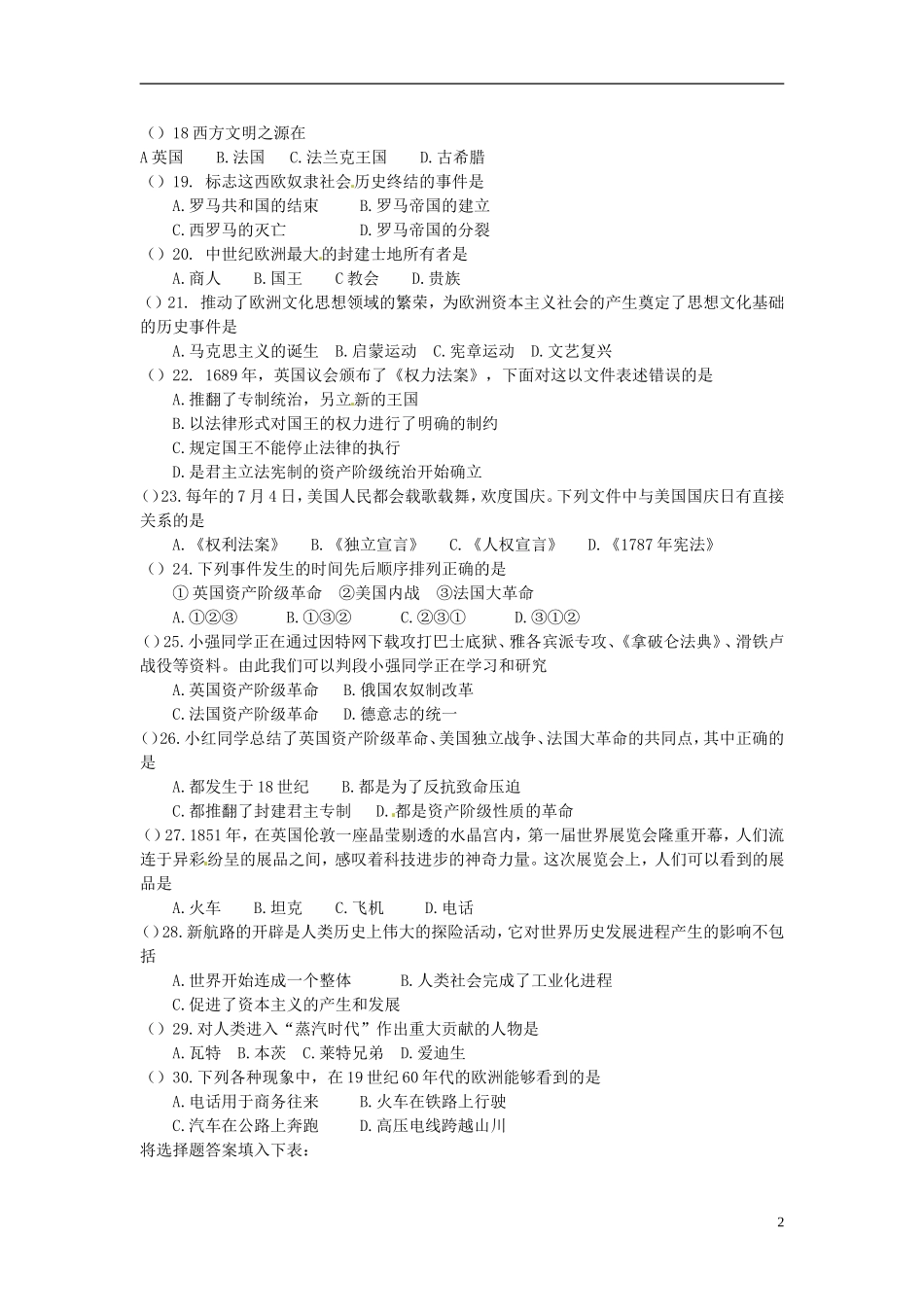 云南省水富县2013届九年级历史上学期期中试题3 新人教版_第2页
