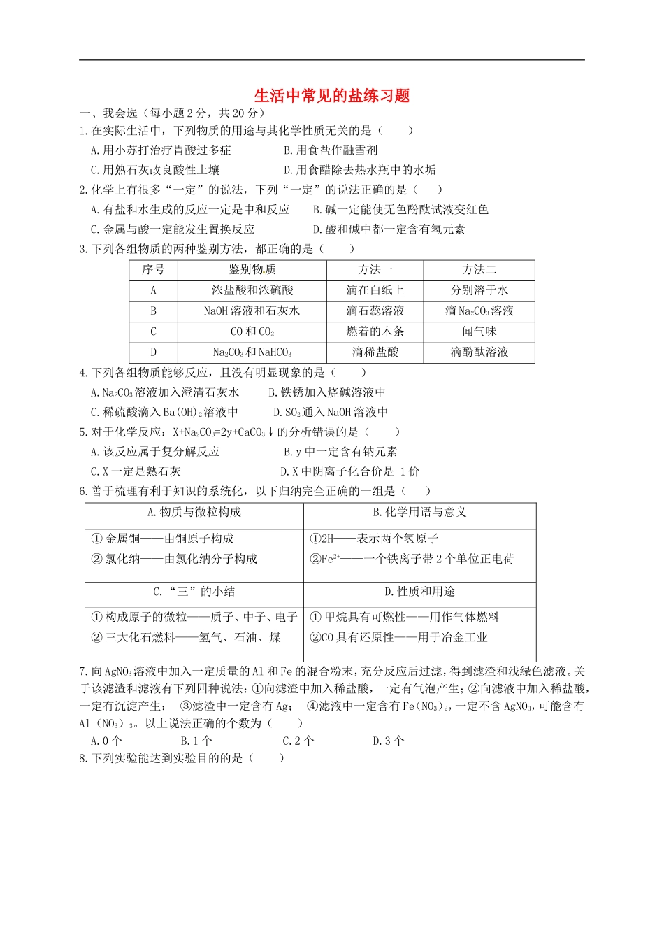 湖北省孝感市孝南区肖港镇肖港初级中学中考化学生活中常见的盐练习题无答案_第1页