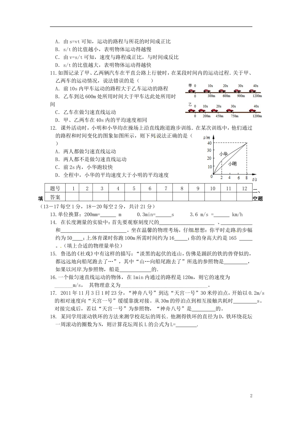 湖北剩州市翔宇监利新教育实验学校2015_2016学年八年级物理上学期第一次月考试题无答案苏科版_第2页