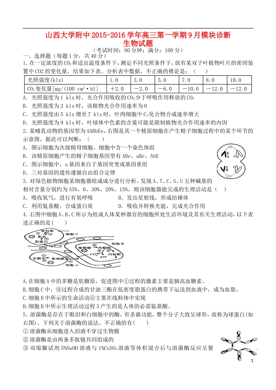 山西省山大附中2015_2016学年高三生物9月第一学期模块诊断试题_第1页