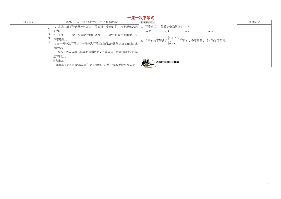 重庆市万州区塘坊初级中学七年级数学下册第8章一元一次不等式复习导学案2无答案新版华东师大版_第1页
