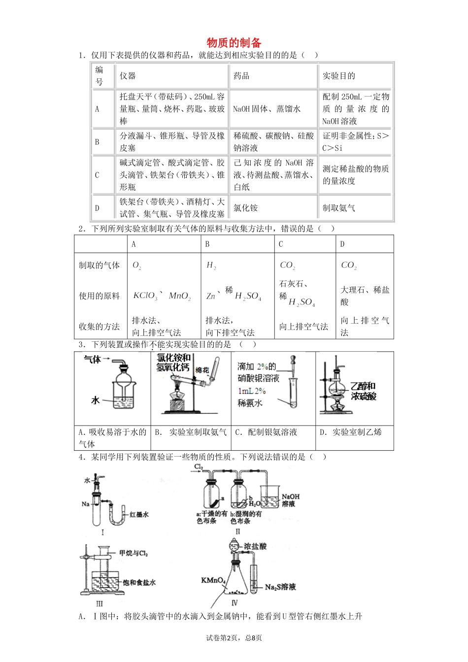 2016届高考化学复习物质的制备单元过关练含解析鲁教版选修6_第1页