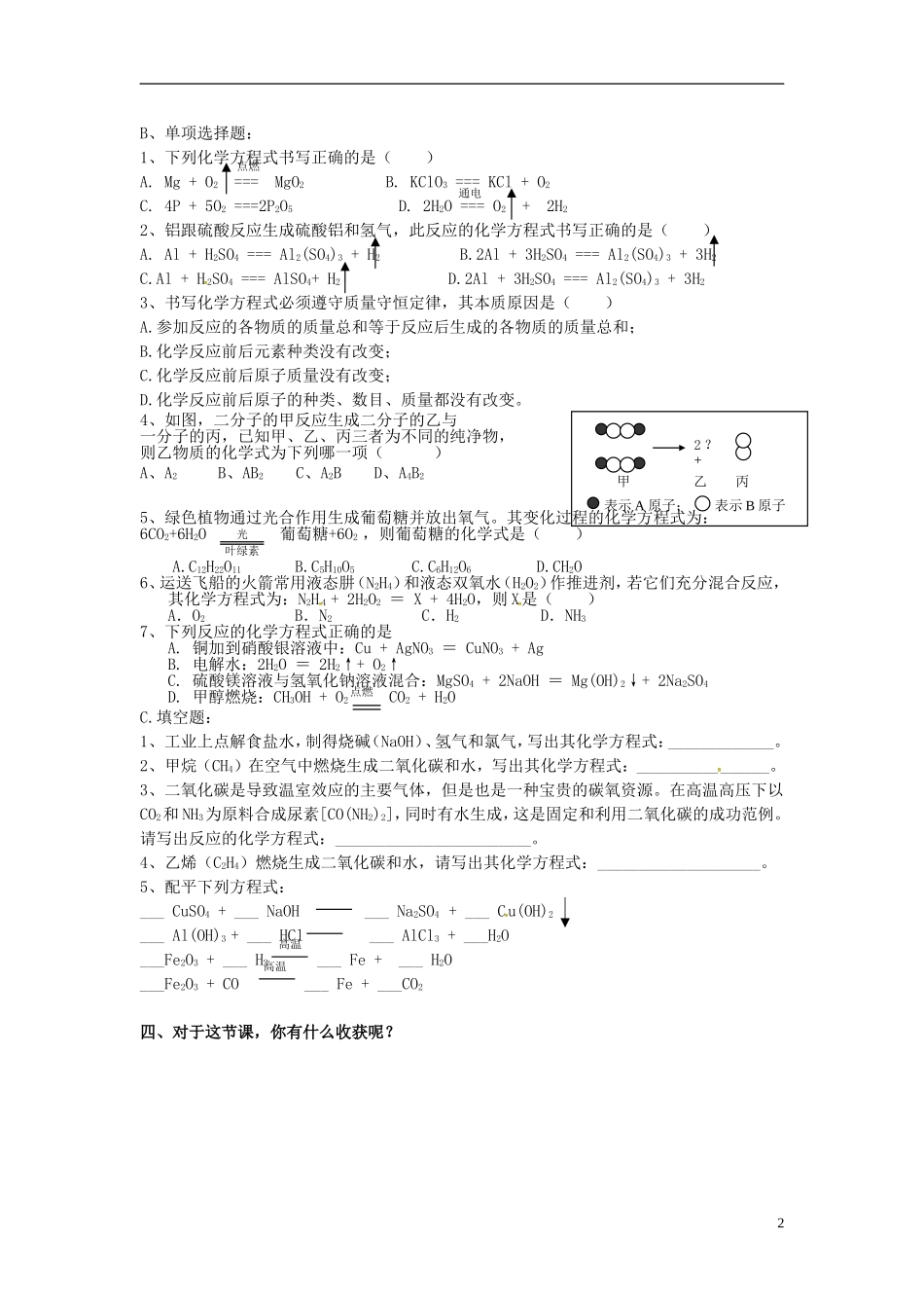 广东省河源市南开实验学校九年级化学上册5.2如何正确书写化学方程式学案无答案新版新人教版_第2页
