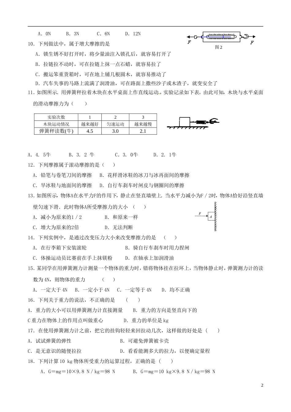 江苏省大丰市2012-2013学年八年级物理下学期第7周周末作业试题（无答案）_第2页