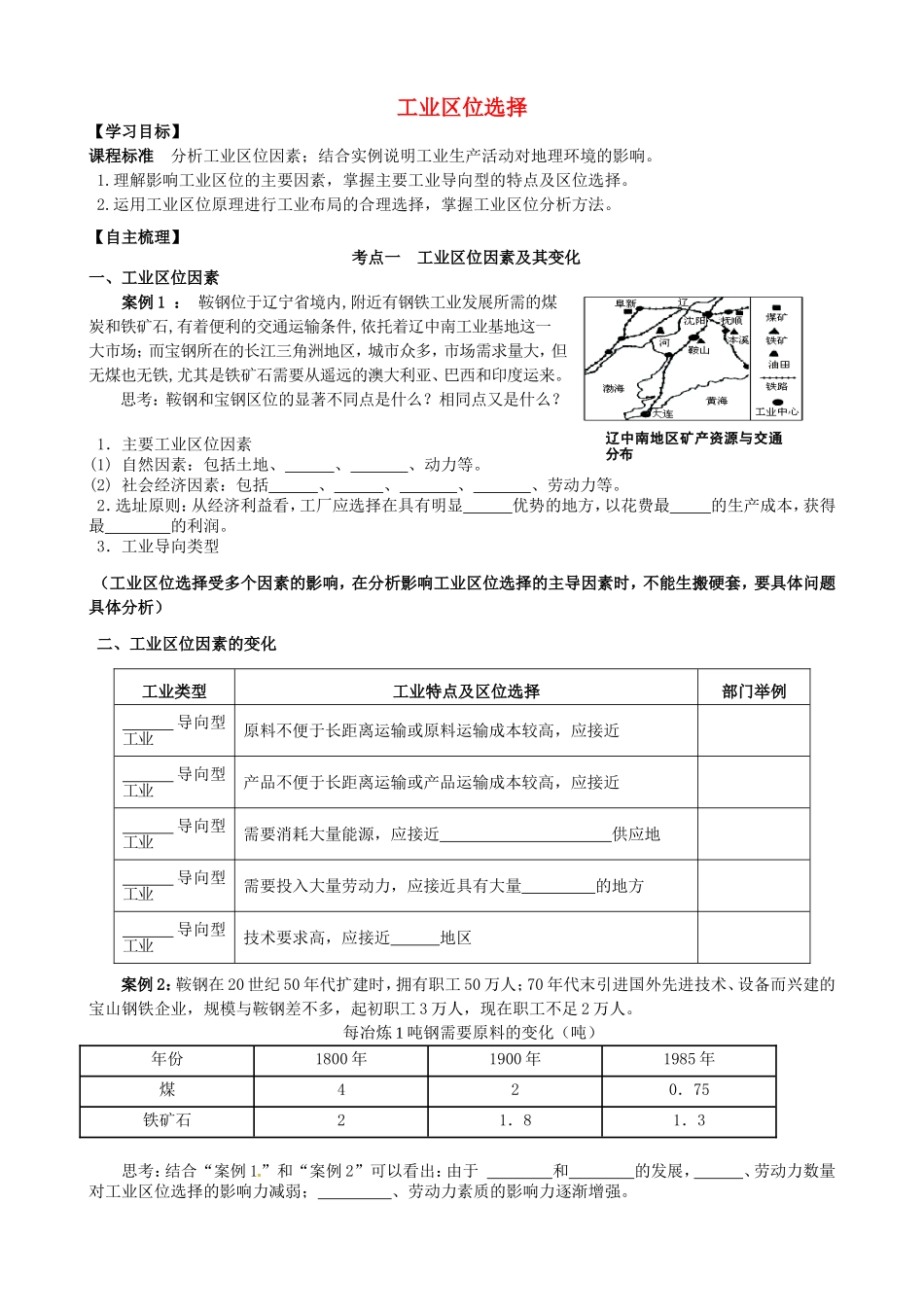 江苏省南通市第二中学高中地理3.3工业的区位选择学案无答案湘教版必修2_第1页