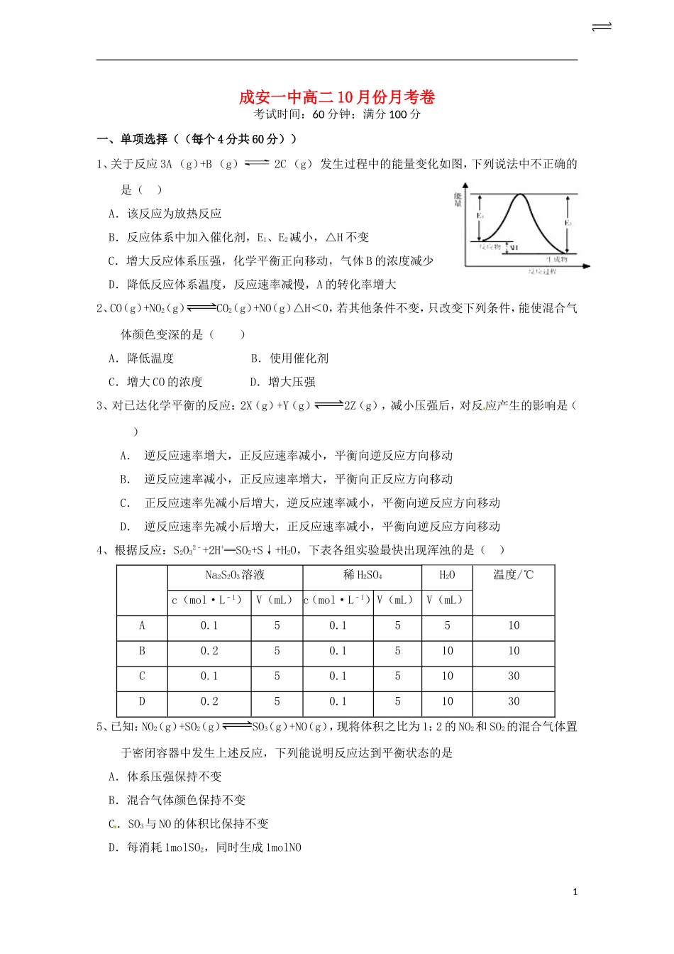 河北省成安县第一中学2015_2016学年高二化学上学期10月月考试题_第1页