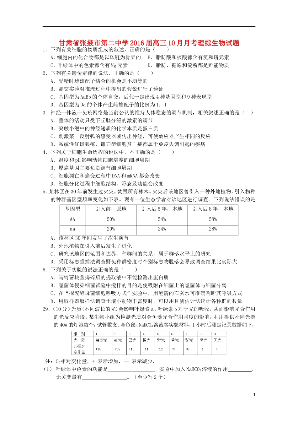 甘肃省张掖市第二中学2016届高三生物上学期10月月考理综试题含解析_第1页
