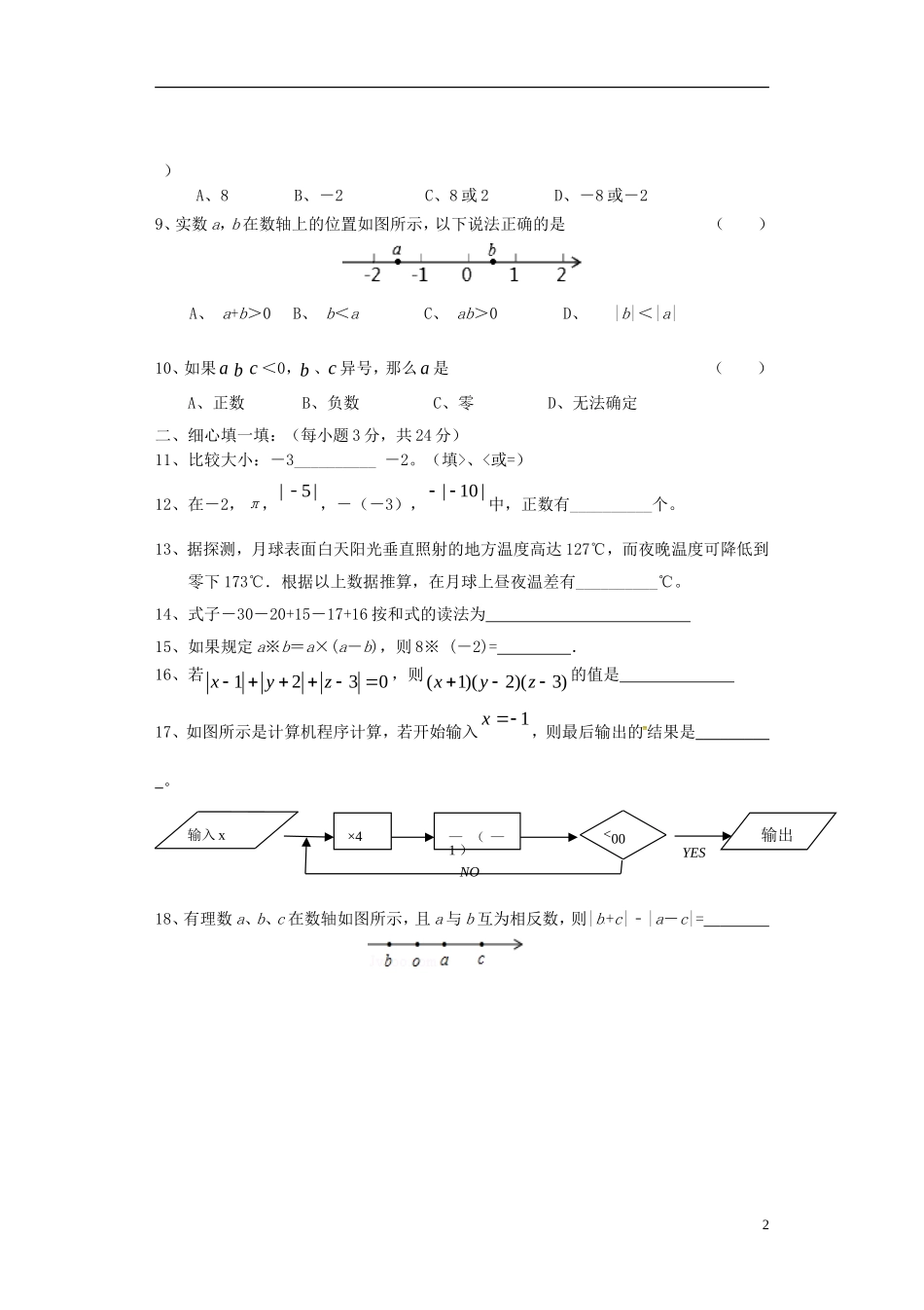 湖北剩州市翔宇监利新教育实验学校2015_2016学年七年级数学上学期第一次月考试题无答案新人教版_第2页