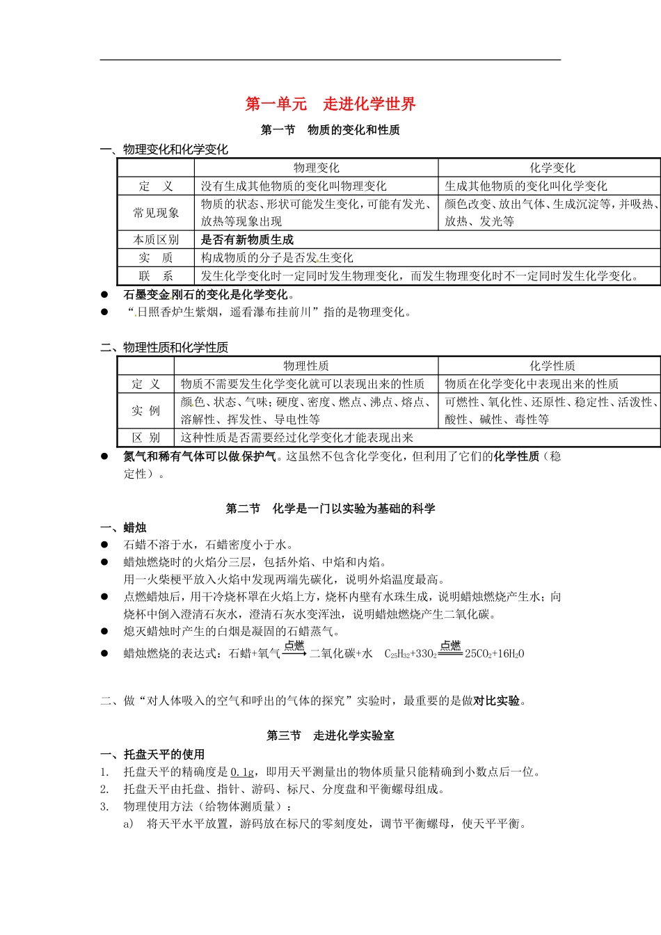 北京市和平北路学校中考化学第一单元走进化学世界复习提纲新人教版_第1页