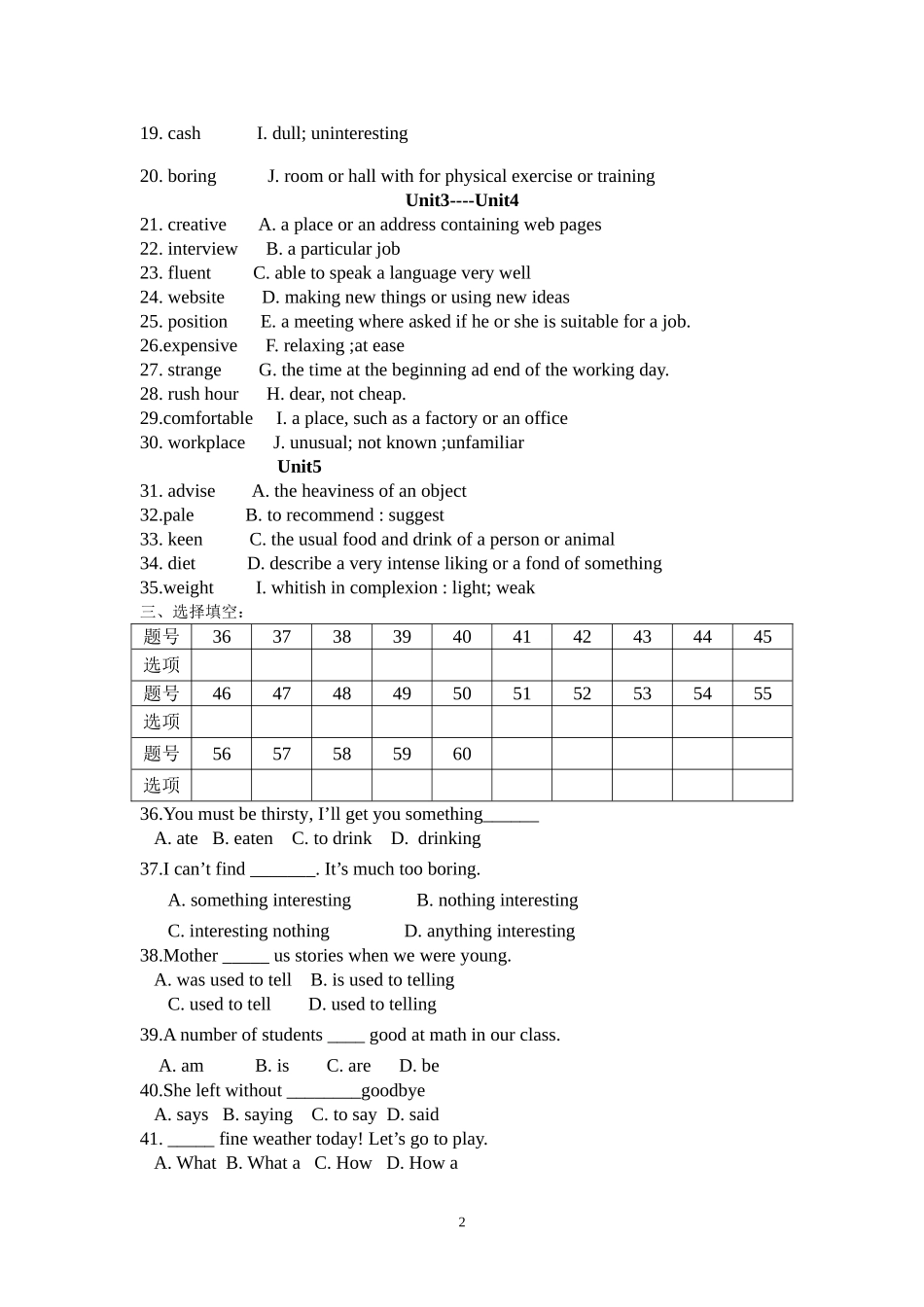 基础模块二Unit1-Unit5期末考试复习题_第2页