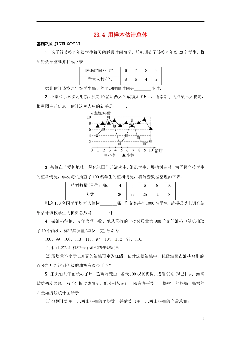 2015秋九年级数学上册23.4用样本估计总体同步练习新版冀教版_第1页