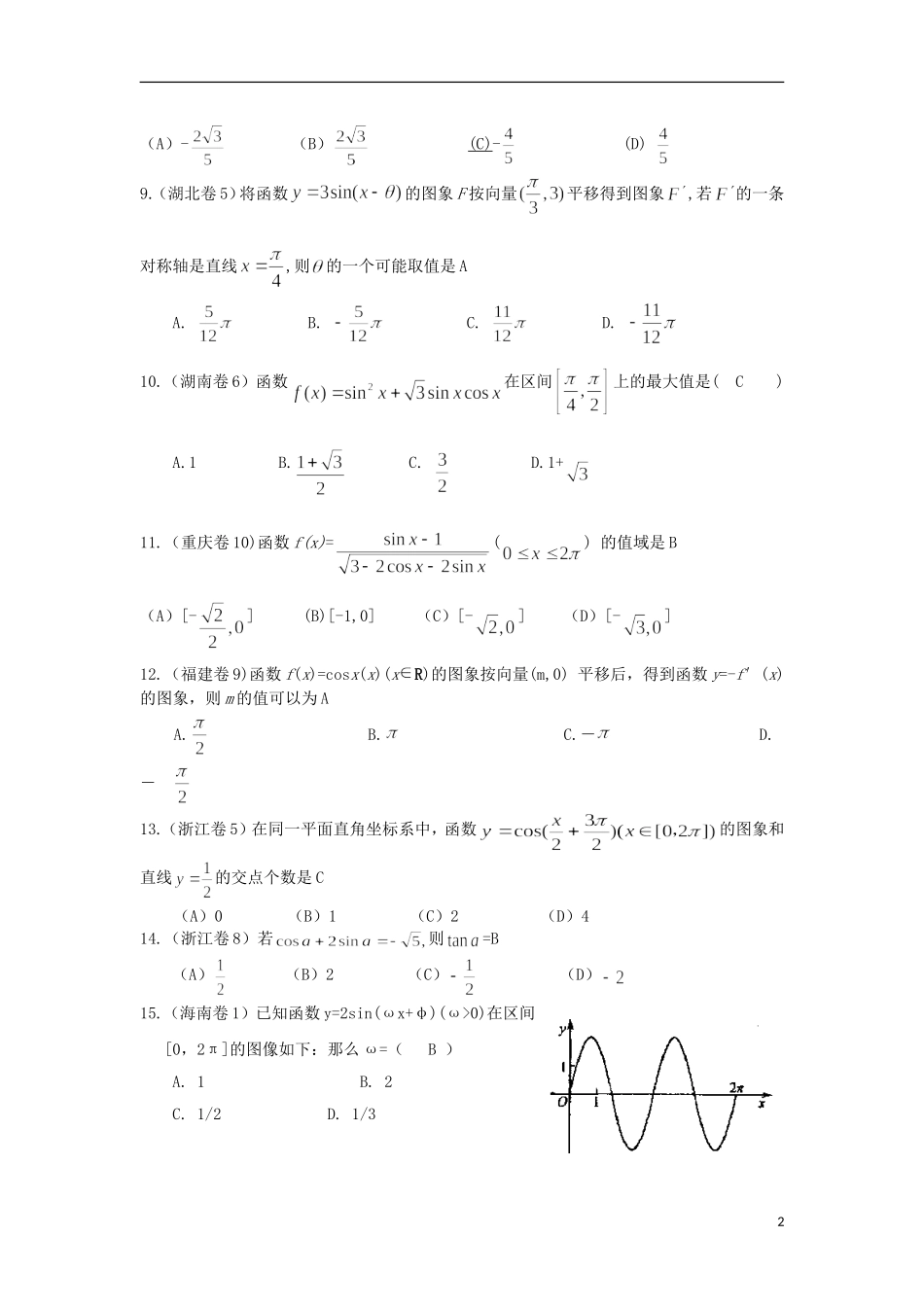浙江省磐安县高考数学试题分类专题汇编 三角函数 新人教A版 _第2页