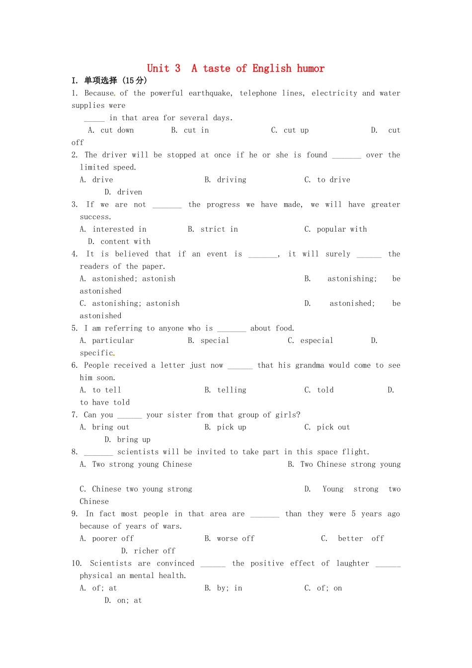 吉林省吉林市第一中学校高中英语Unit3AtasteofEnglishHumour单元测试新人教版必修4_第1页