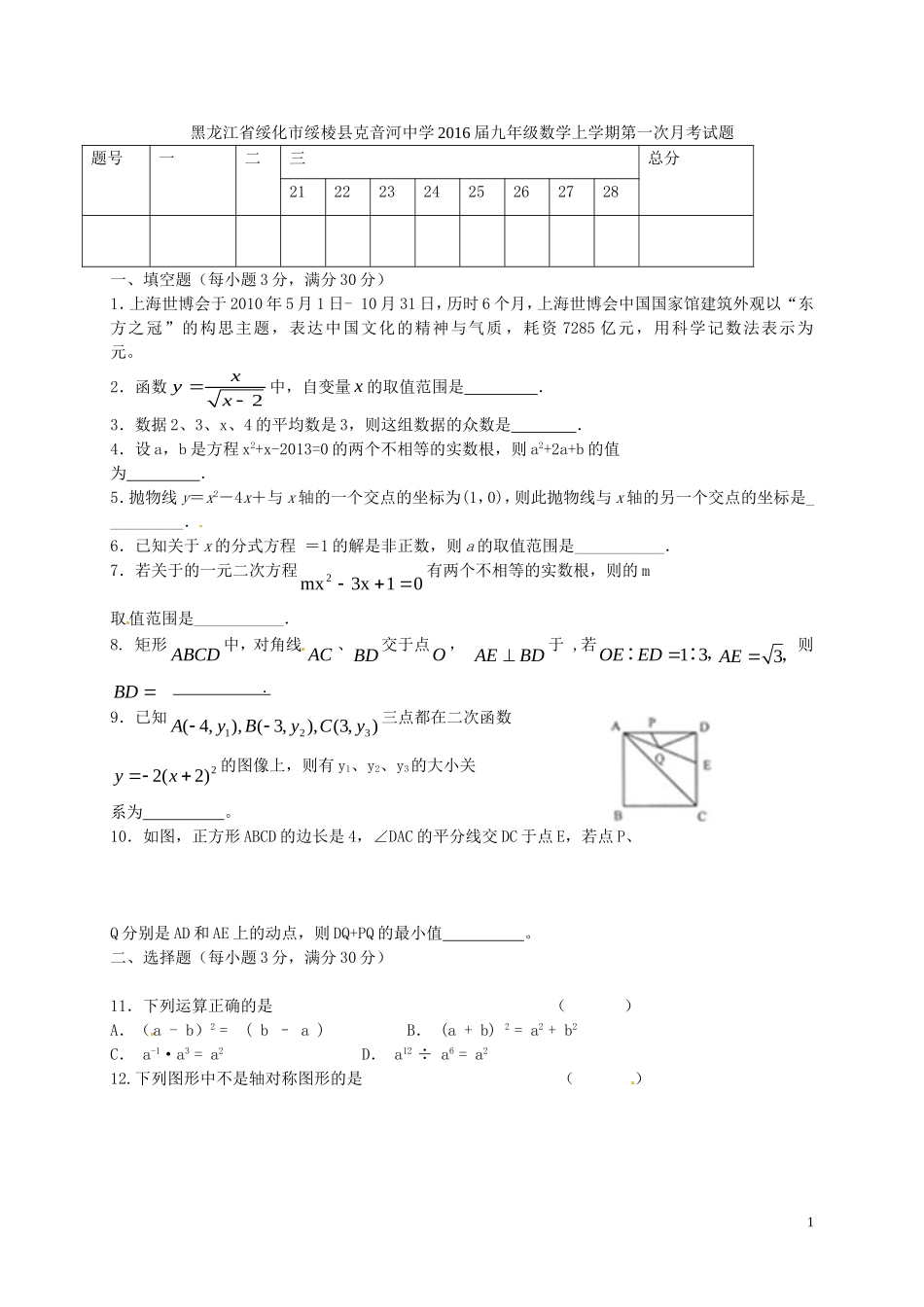 黑龙江省绥化市绥棱县克音河中学2016届九年级数学上学期第一次月考试题新人教版五四制_第1页
