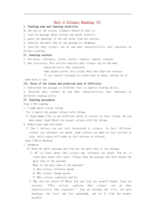 江苏省连云港市海庆中学九年级英语上册Unit2Colourreading教案新版牛津版