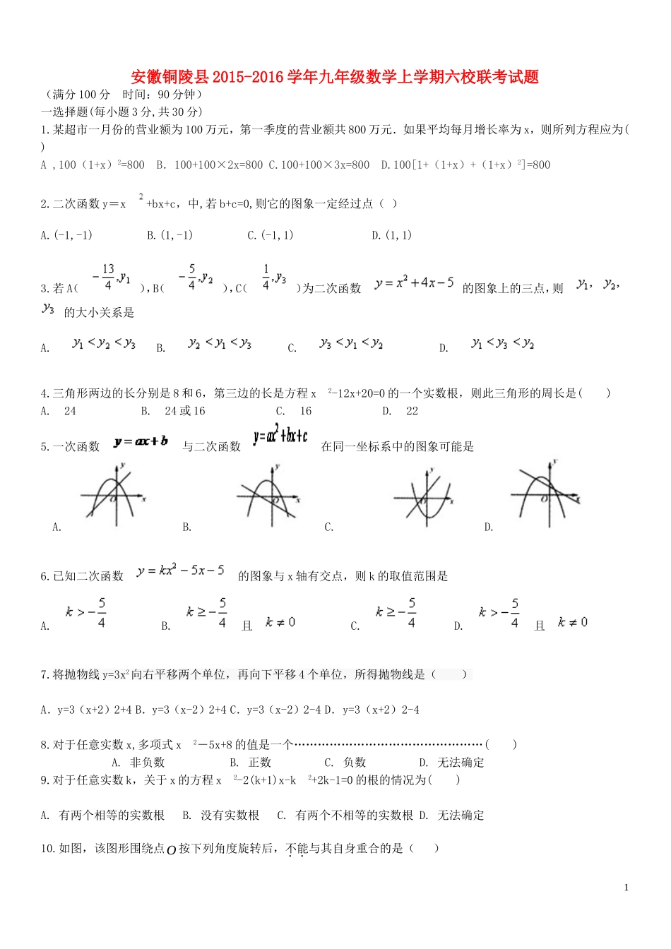 安徽铜陵县2015_2016学年九年级数学上学期六校联考试题_第1页