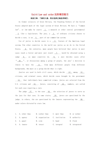 英语周报2015年高中英语Unit4Lawandorder完形填空练习牛津译林版选修10