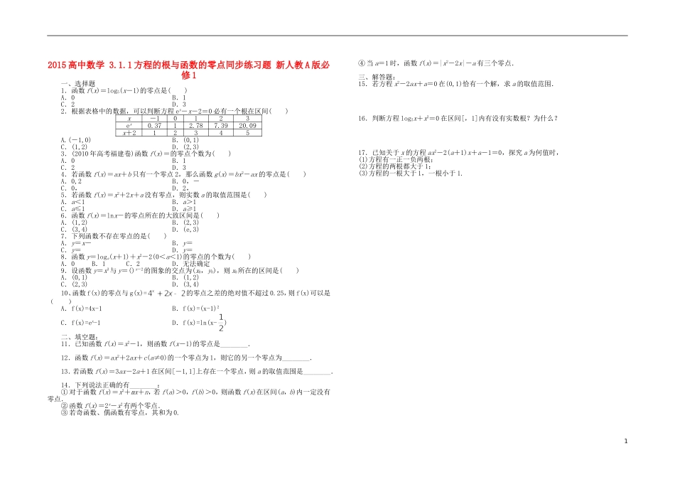 2015高中数学3.1.1方程的根与函数的零点同步练习题新人教A版必修1_第1页