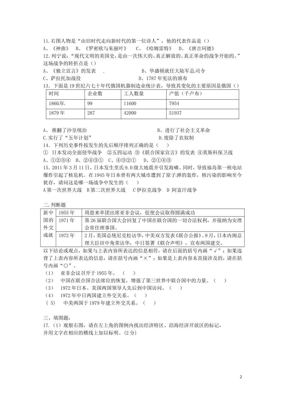 重庆市万州区2012届九年级历史4月月考试题（无答案） 新人教版_第2页