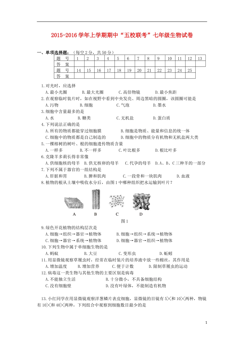 湖南省岳阳市陆城中学等五校2015_2016学年七年级生物上学期期中联考试卷无答案新人教版_第1页