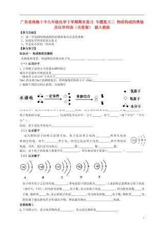 广东省珠海十中九年级化学下学期期末复习 专题复习二 物质构成的奥秘及化学用语学案（无答案） 新人教版
