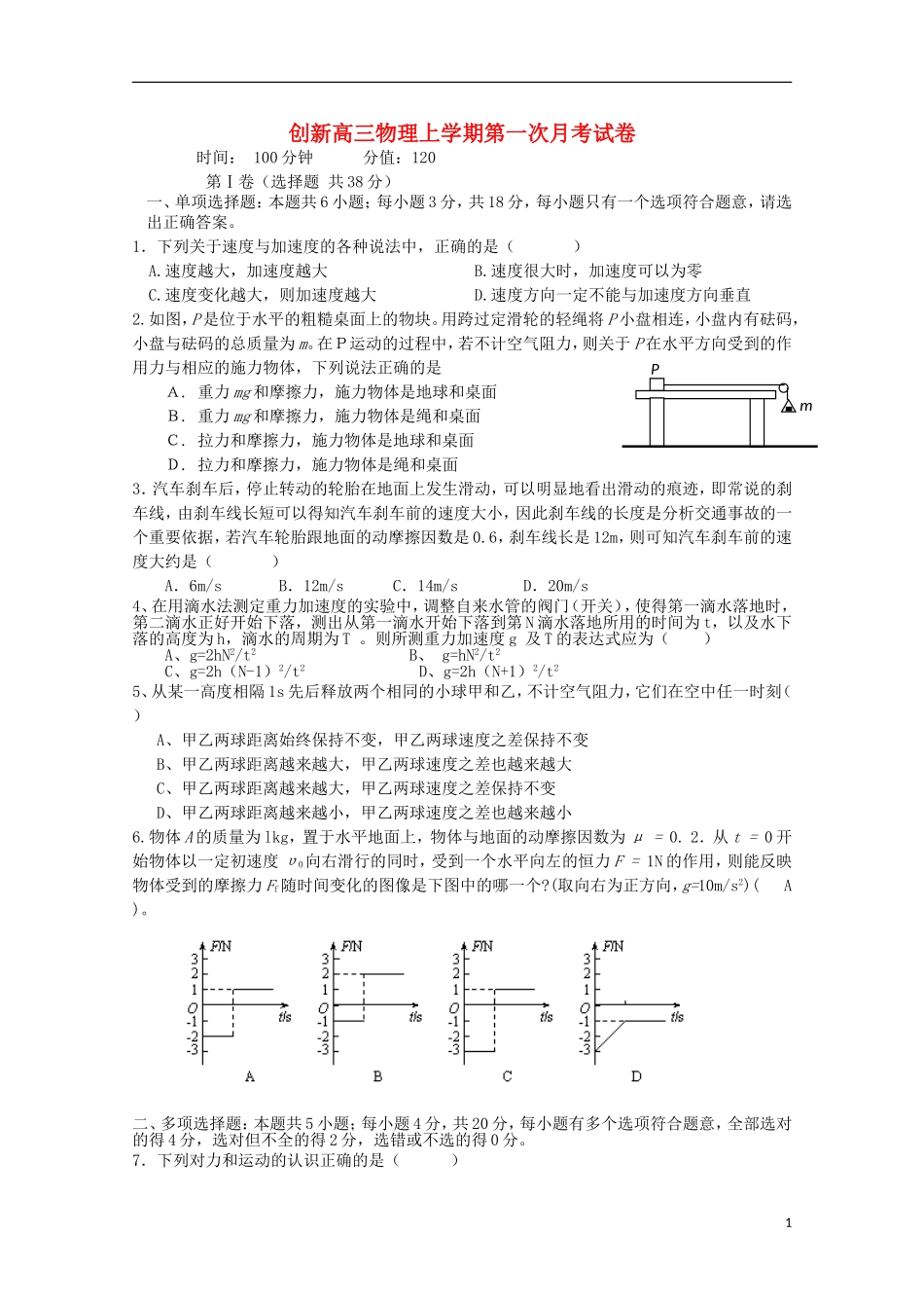 江苏诗台市创新学校2016届高三物理上学期第一次月考试题无答案_第1页