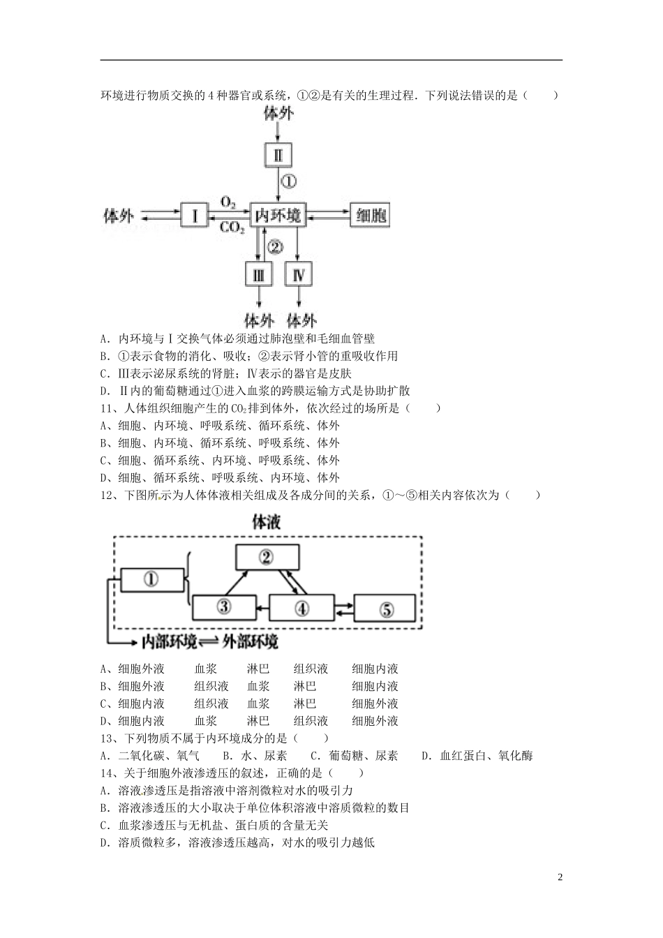 四川省宜宾市南溪区第二中学校高中生物第一章第一节细胞生活的环境练习题新人教版必修1_第2页