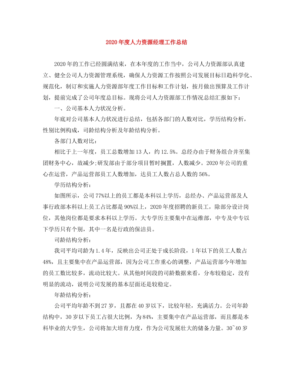 2020年度人力资源经理工作总结_第1页
