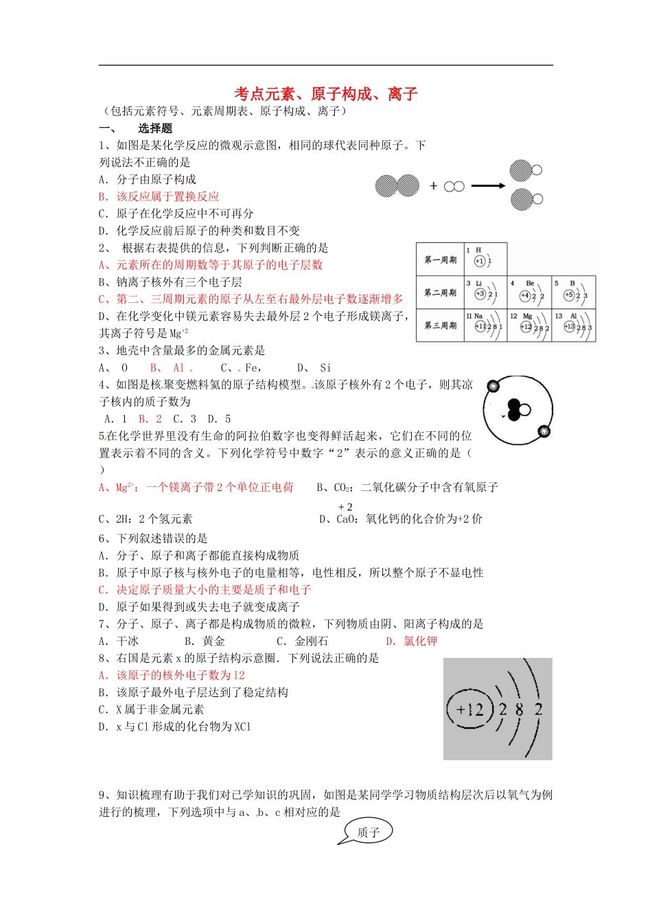 天津市太平村中学2015年中考化学考点训练元素_第1页