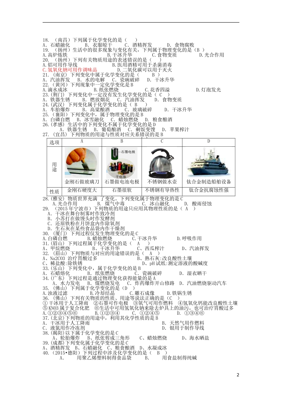 2015中考化学试题分类汇编物质的变化和性质及用途_第2页