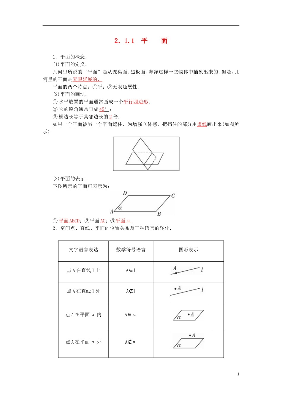 2015_2016高中数学2.1.1平面练习新人教A版必修2_第1页