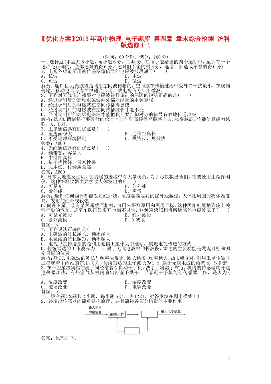 【优化方案】2013年高中物理 电子题库 第四章 章末综合检测 沪科版选修1-1_第1页