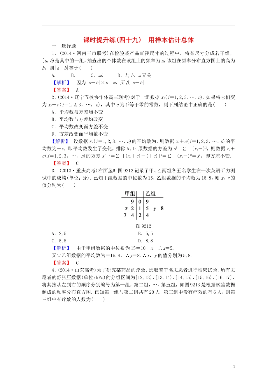 高考总动员2016届高考数学大一轮复习第9章第2节用样本估计总体课时提升练文新人教版_第1页