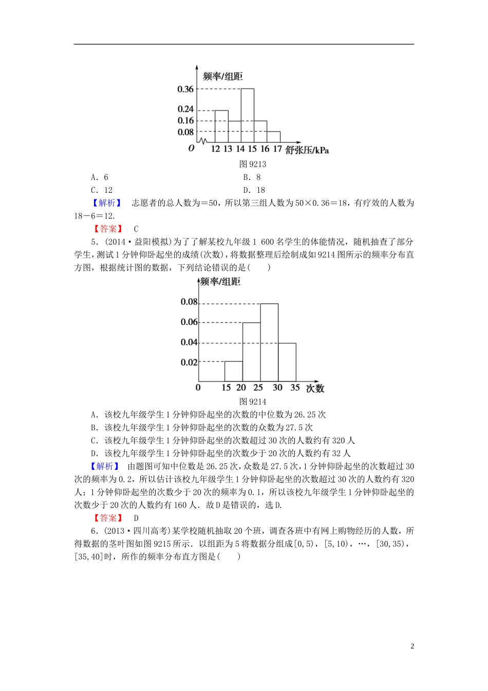 高考总动员2016届高考数学大一轮复习第9章第2节用样本估计总体课时提升练文新人教版_第2页