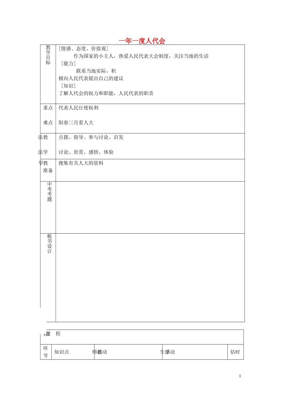 九年级政治全册第五课第1框一年一度人代会教案鲁教版_第1页