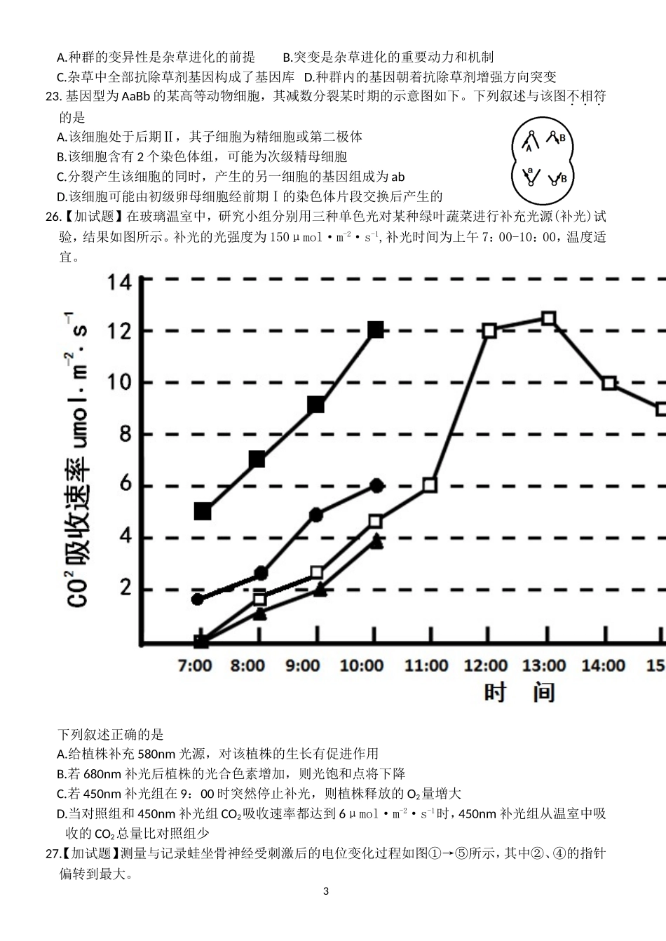2016年10月浙江选考生物试题（含答案）_第3页