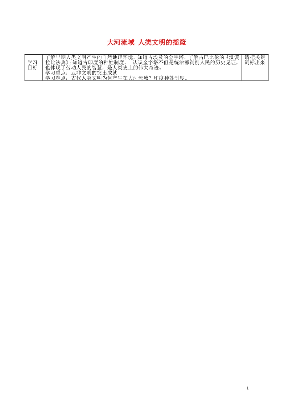 北京市北大附中武汉为明实验学校九年级历史上册第2课大河流域人类文明的摇篮导学案无答案新人教版_第1页