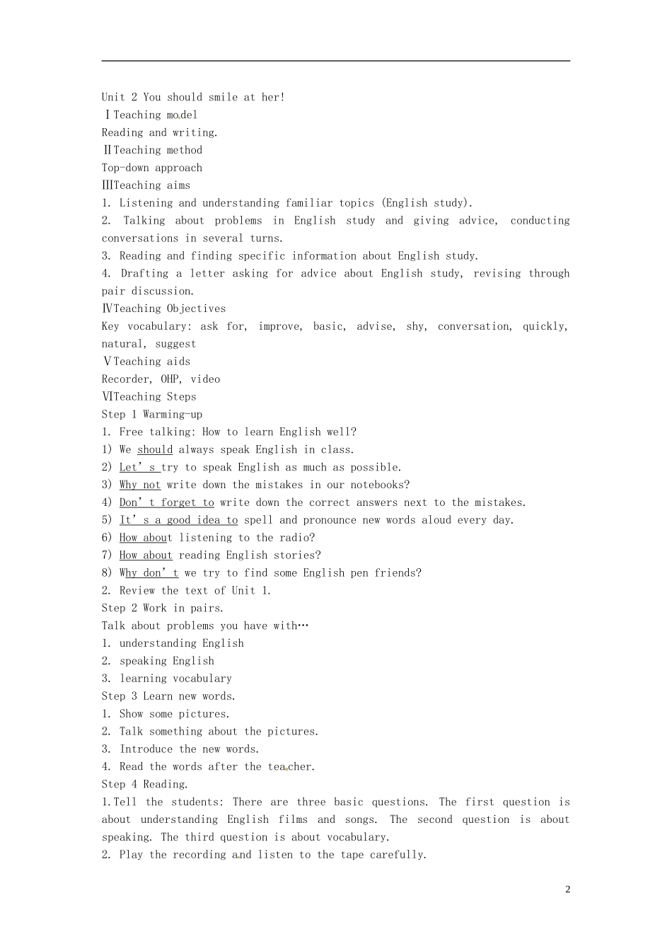 广东署山市顺德区江义初级中学八年级英语上册Module1Unit2Youshouldsmileather教案新版外研版_第2页