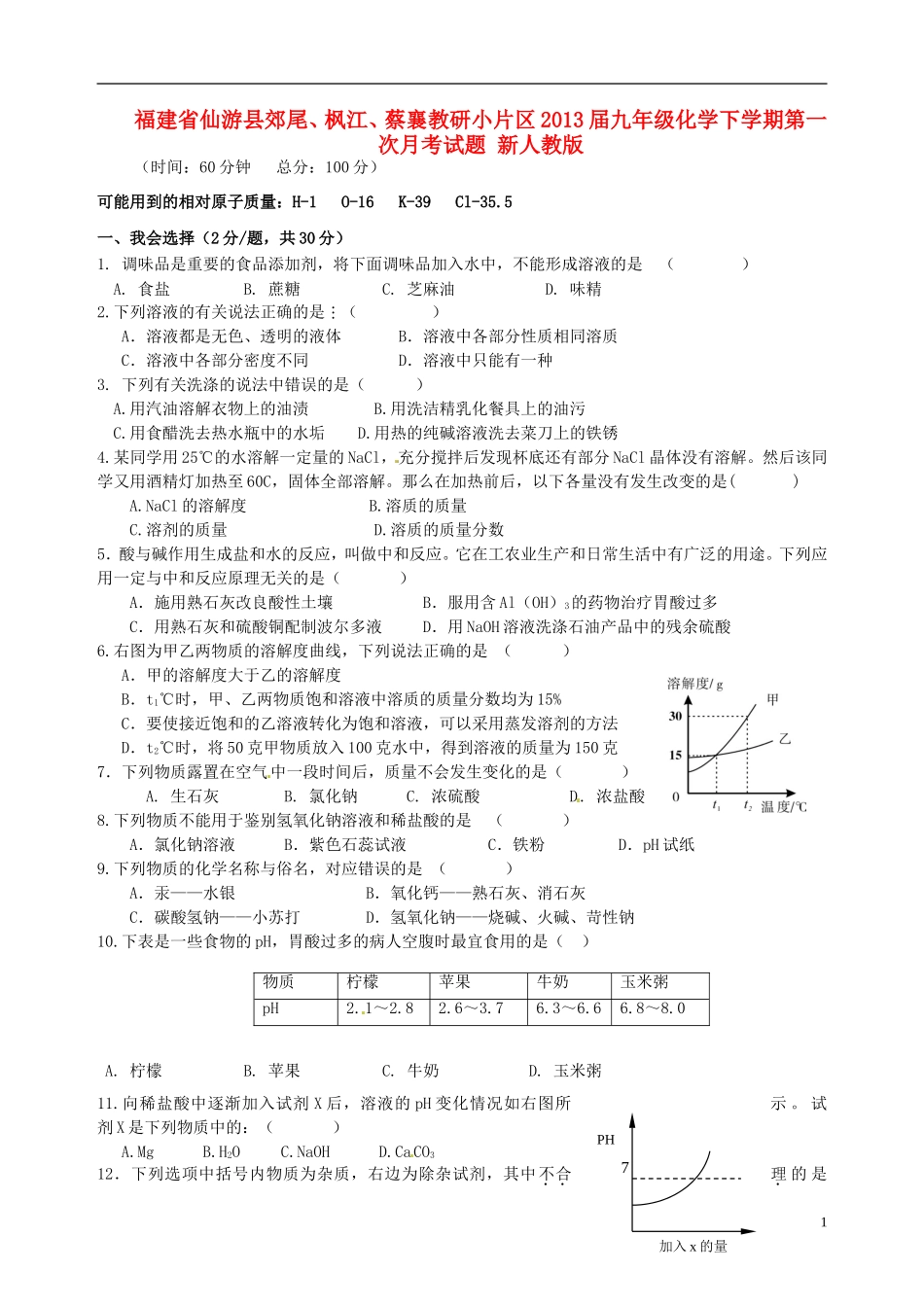 福建省仙游县郊尾、枫江、蔡襄教研小片区2013届九年级化学下学期第一次月考试题 新人教版_第1页