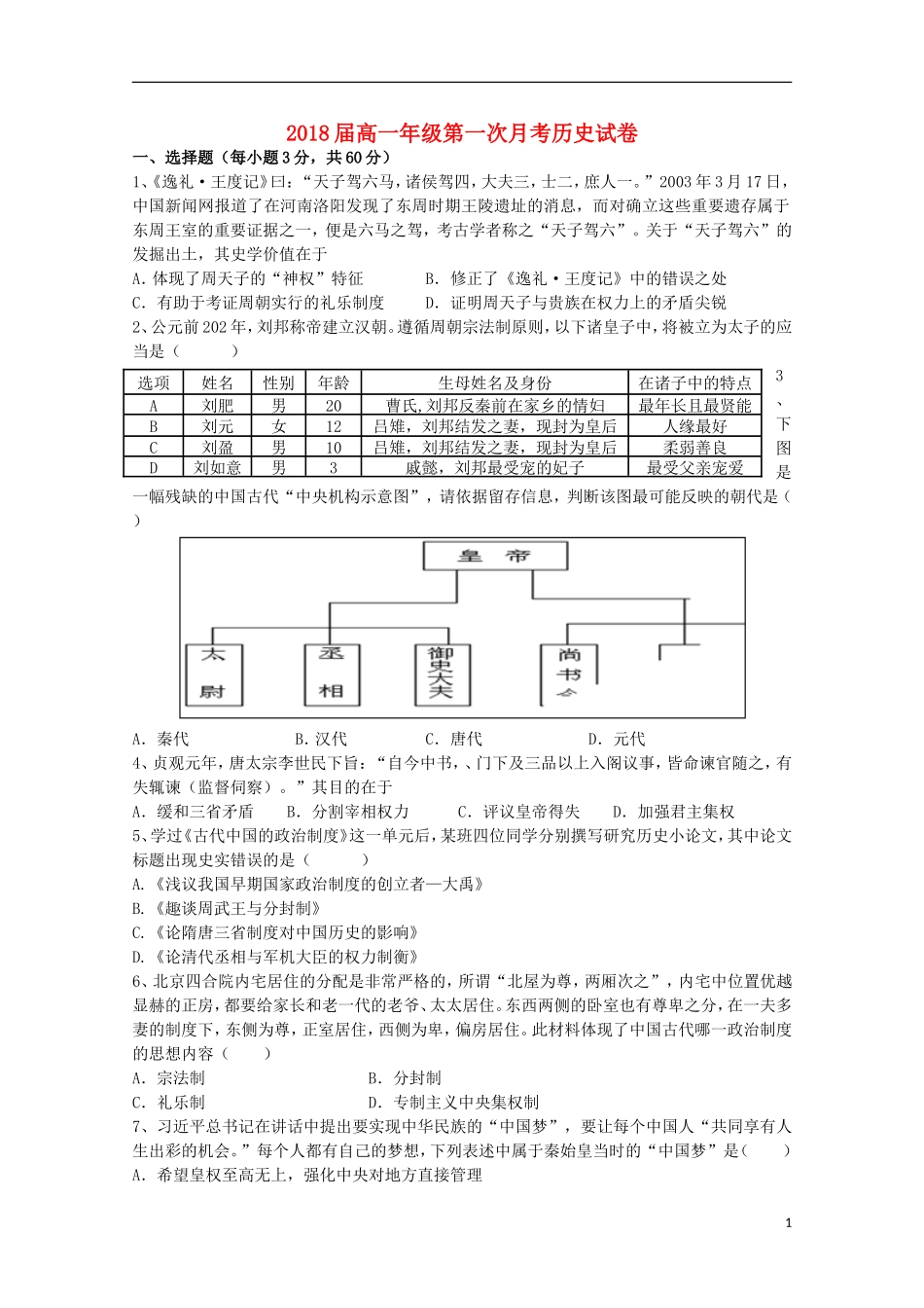 江西省上高县第二中学2015_2016学年高一历史上学期第一次月考试题_第1页