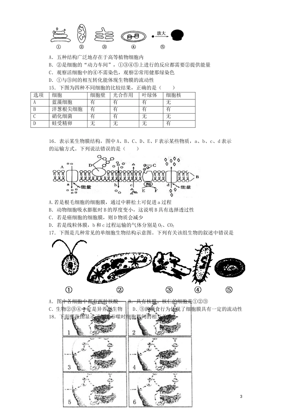河南省光山二高2016届高三生物复习第三章细胞的基本结构单元强化训练题含解析新人教版必修1_第3页