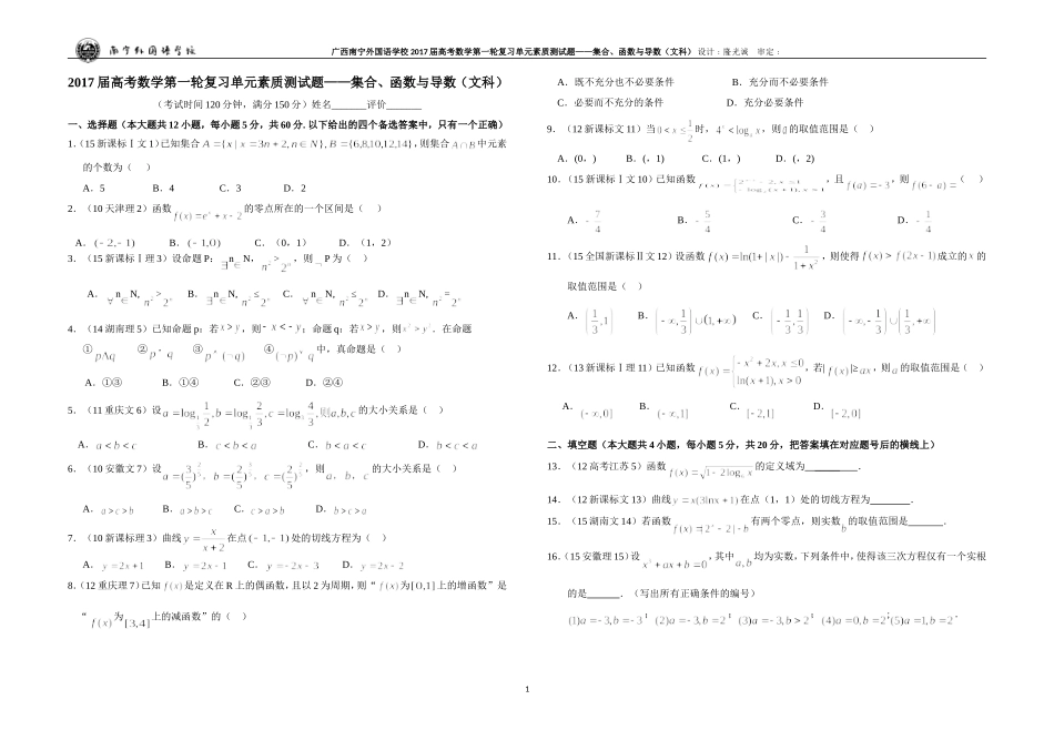 广西南宁外国语学校2017届数学高考第一轮复习单元素质测试题——集合、函数与导数（文科）_第1页