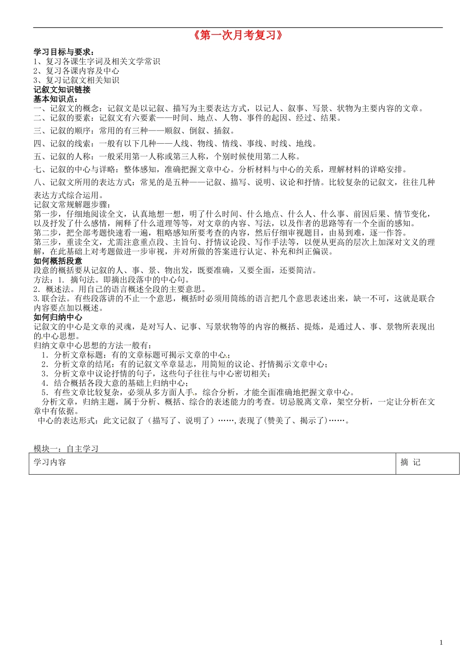广东省河源中国教育学会中英文实验学校2015_2016学年七年级语文上册第一次月考复习讲学稿2无答案语文版_第1页