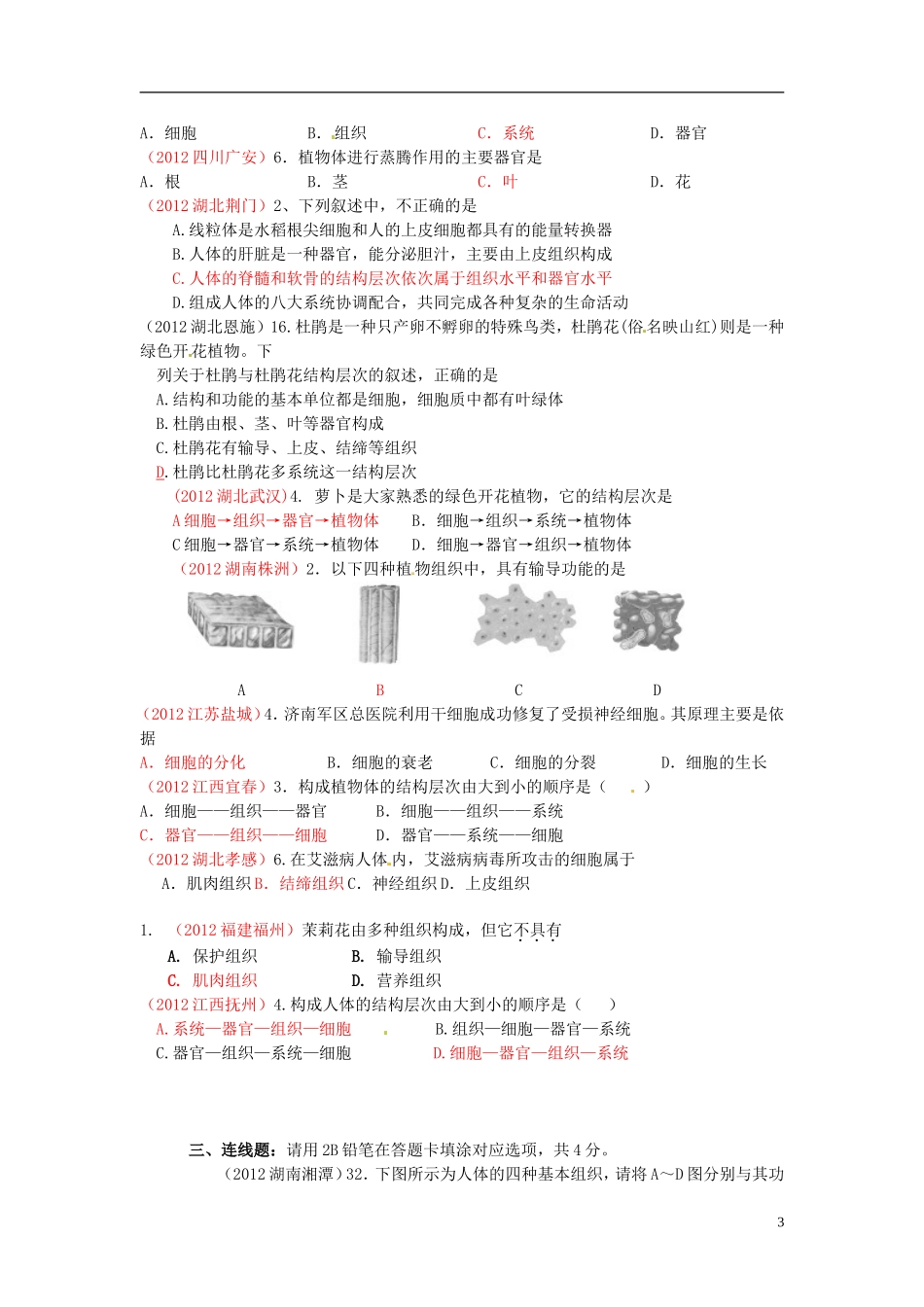 2013年中考生物学业水平专题练习与解析 分裂分化、结构层次_第3页