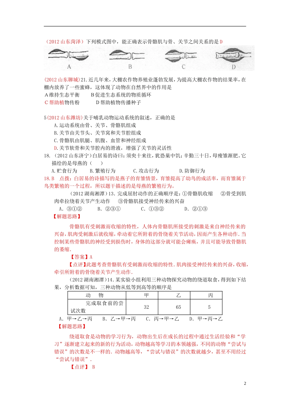 2013年中考生物学业水平专题练习与解析 动物的运动和行为_第2页