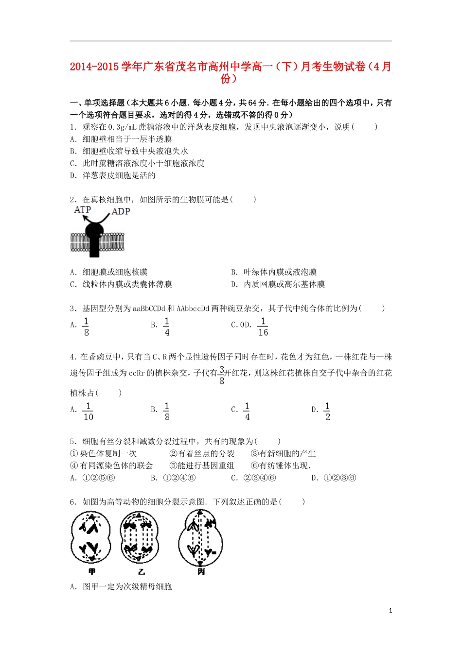 广东省茂名市高州中学2014_2015学年高一生物下学期4月月考试卷含解析_第1页