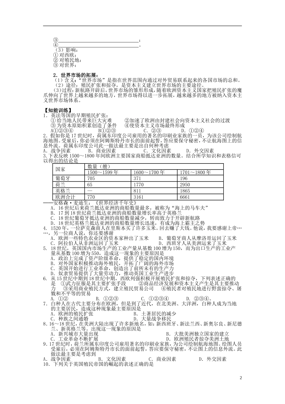 湖北省宜昌第一中学高中历史第6课殖民扩张和世界市场的拓展导学案必修2无答案_第2页