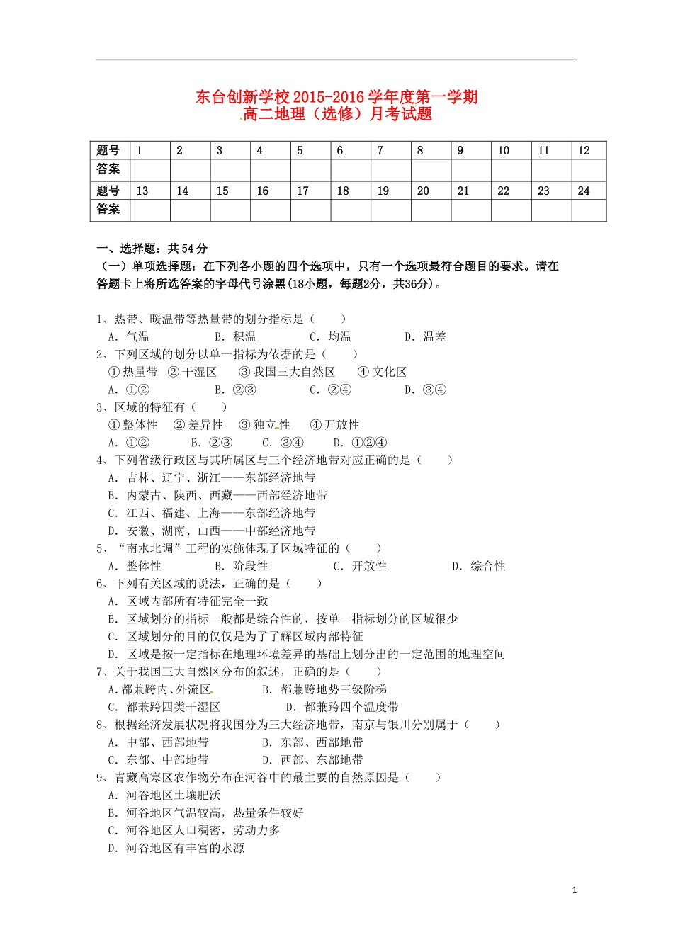江苏诗台市创新学校2015_2016学年高二地理上学期第一次月考试题选修_第1页