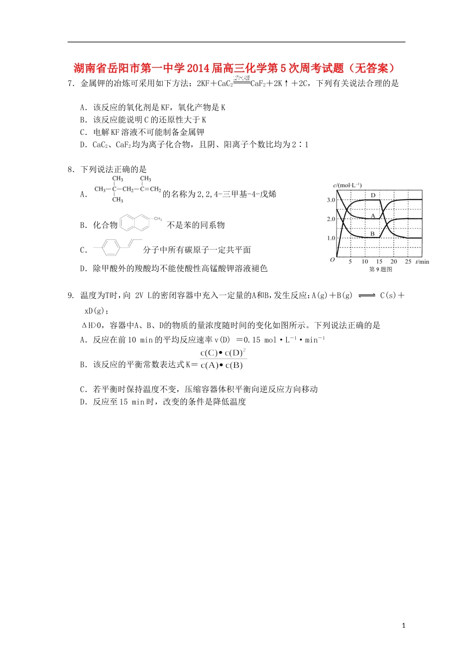 湖南省岳阳市第一中学2014届高三化学第5次周考试题无答案_第1页