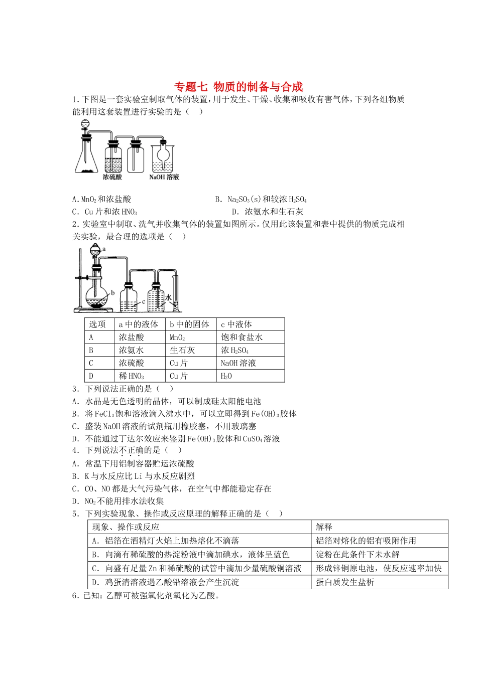江苏省连东海二中2016届高考化学复习专题七物质的制备与合成练习含解析苏教版选修6_第1页